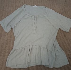 Pale Sage Green Oversized Short Sleeve Peplum Waffle Knit Top